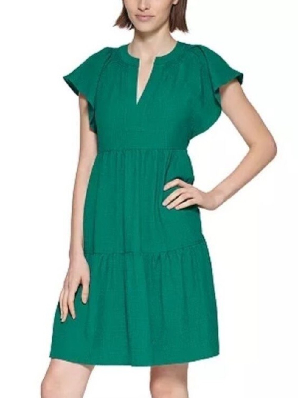 Calvin Klein Vibrant Green Tiered Flutter Sleeve Mini Dress Medium